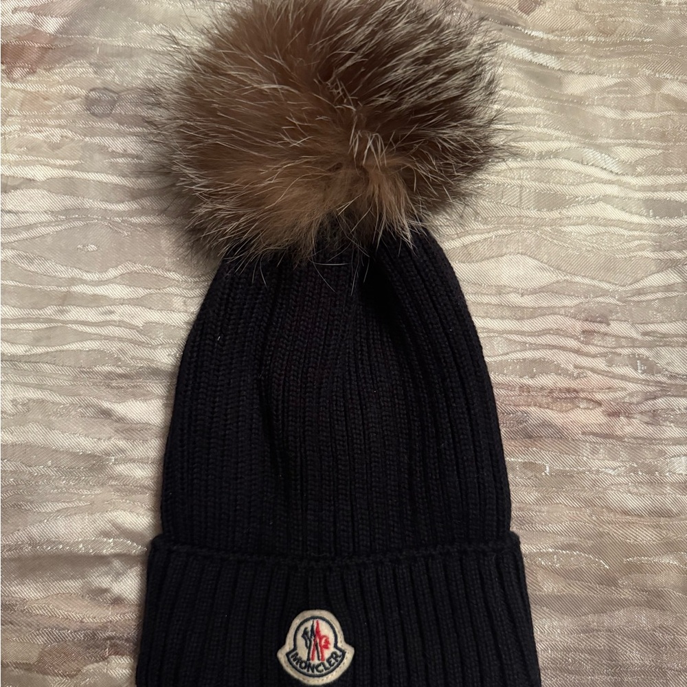 Moncler Black Knit Hat with Brown Pom
